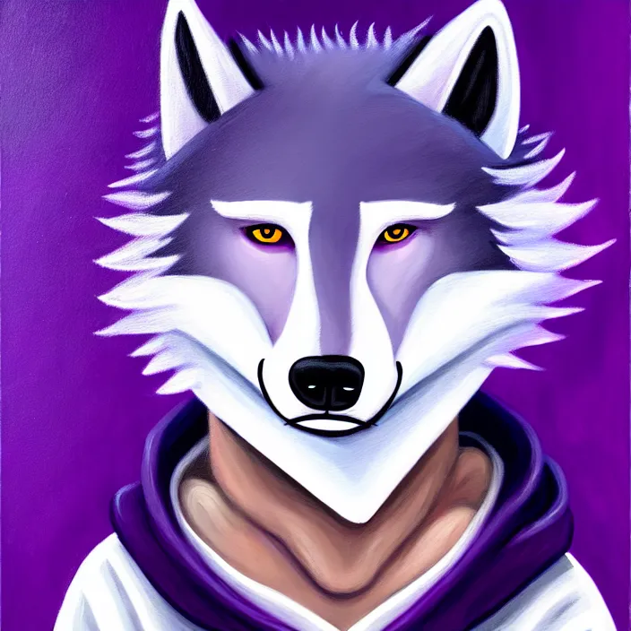 Image similar to a painting of a purple anthropomorphic male wolf fursona wearing a hoodie, furry art, oil on canvas, soft lighting, goatee, cute