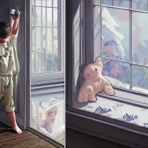 Prompt: young boy wearing white fabric pajama with cartoon paintings on it infront of the window in his room and staring outside. highly detailed, digital painting, artstation, concept art, smooth and sharp focus, cg by tian zi and wlop and alphonse mucha