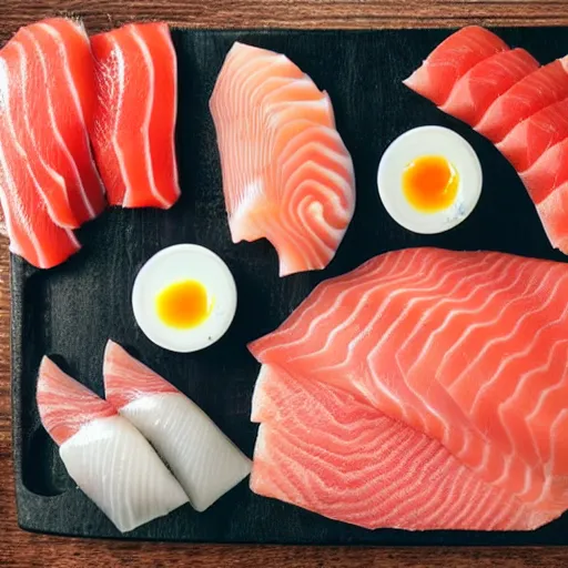 Prompt: digging board full of sashimi, sausages and hardboiled eggs