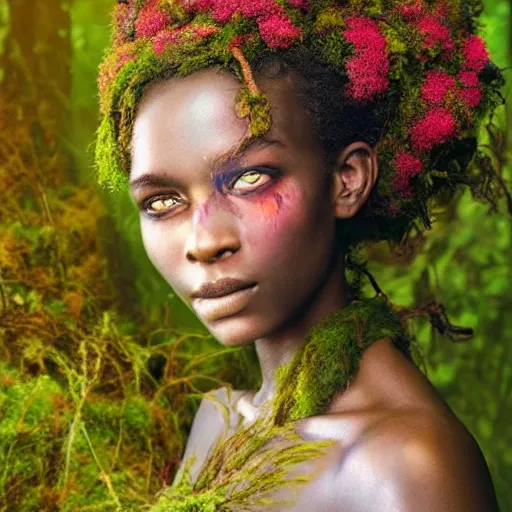 Prompt: beautiful portrait of a forest dryad, her skin made of grass and moss, colorful flowers growing from her head, brown skin like soil, ember eyes, golden sunlight, extremely detailed, hyperrealistic, photo by annie leibovitz, masterpiece, award-winning