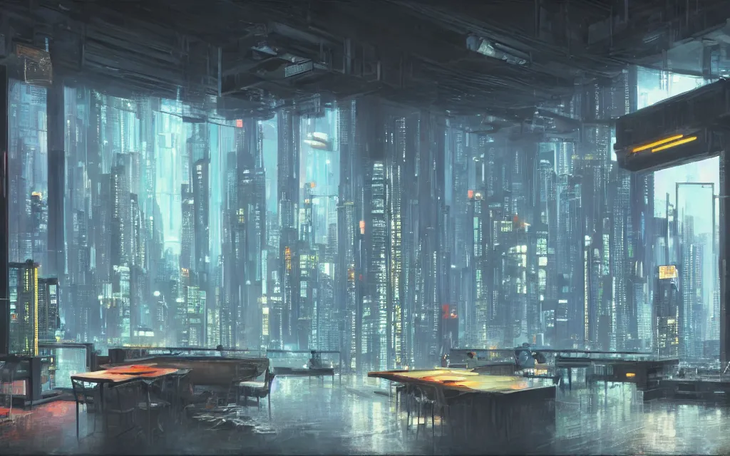 Image similar to cyberpunk loft lounge with tall windows, no people, city in background, drawn by feng zhu, sparse plants, dim painterly lighting volumetric aquatics, impasto