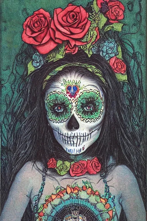 Prompt: illustration of a sugar skull day of the dead girl, art by carlos shwabe