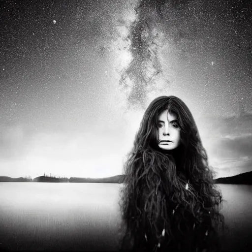 Image similar to A beautiful conceptual art of a woman with long flowing hair, wild animals, and a dark, starry night sky. by Rui Palha cosy