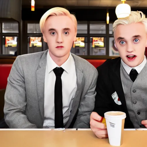 Prompt: Draco Malfoy and Eddie Munson sitting at a booth in McDonalds, McDonalds interior background, photo