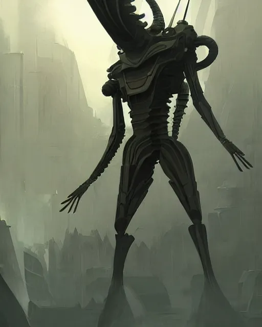 Prompt: concept art for a tall bug futursitc knight, designed to appear like an insect, sleek design, futursitic design, detailed digital illustration by greg rutkowski, android netrunner