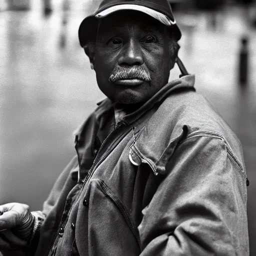 Image similar to closeup portrait of a man fishing in a smoky new york back street, by Annie Leibovitz and Steve McCurry, natural light, detailed face, CANON Eos C300, ƒ1.8, 35mm, 8K, medium-format print