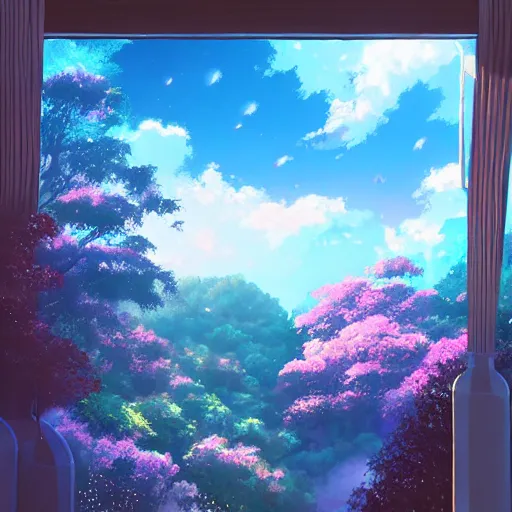 Image similar to a heavenly dream view from the interior of my cozy dream world filled with color from a Makoto Shinkai oil on canvas inspired pixiv dreamy scenery art majestic fantasy scenery fantasy pixiv scenery art inspired by magical fantasy exterior illumination of awe and wonder