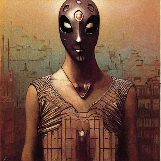 Prompt: portrait of masked dancer on the art deco streets of the industrial city city of ya-Don during the Festival of Masks, award-winning realistic sci-fi concept art by Beksinski, Bruegel, Greg Rutkowski, Alphonse Mucha, and Yoshitaka Amano