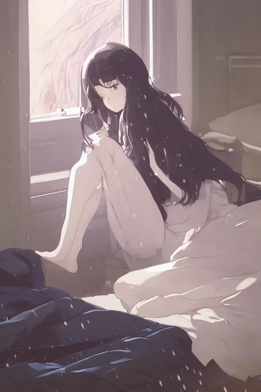 Image similar to a girl in a jk uniform outfit in the bedroom reading a book in a night, raining outside the window, dark and grey theme ， wavy white long hair, by krenz cushart and mucha and akihito yoshida and greg rutkowski and makoto shinkai, detailed eyes, 4 k resolution