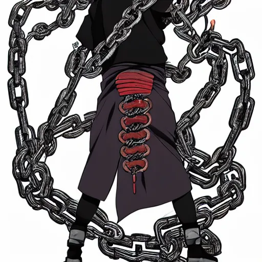 Image similar to A FULL BODY PORTRAIT FROM BEHIND OF MADARA UCHIHA ,THE MAN KEEPS A KUSARIGAMA AND IT IS WRAPPED IN CHAINS ,detailed, concept art, ink style , sketch