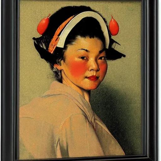 Image similar to frontal portrait of a woman wearing an asian conical hat, by norman rockwell