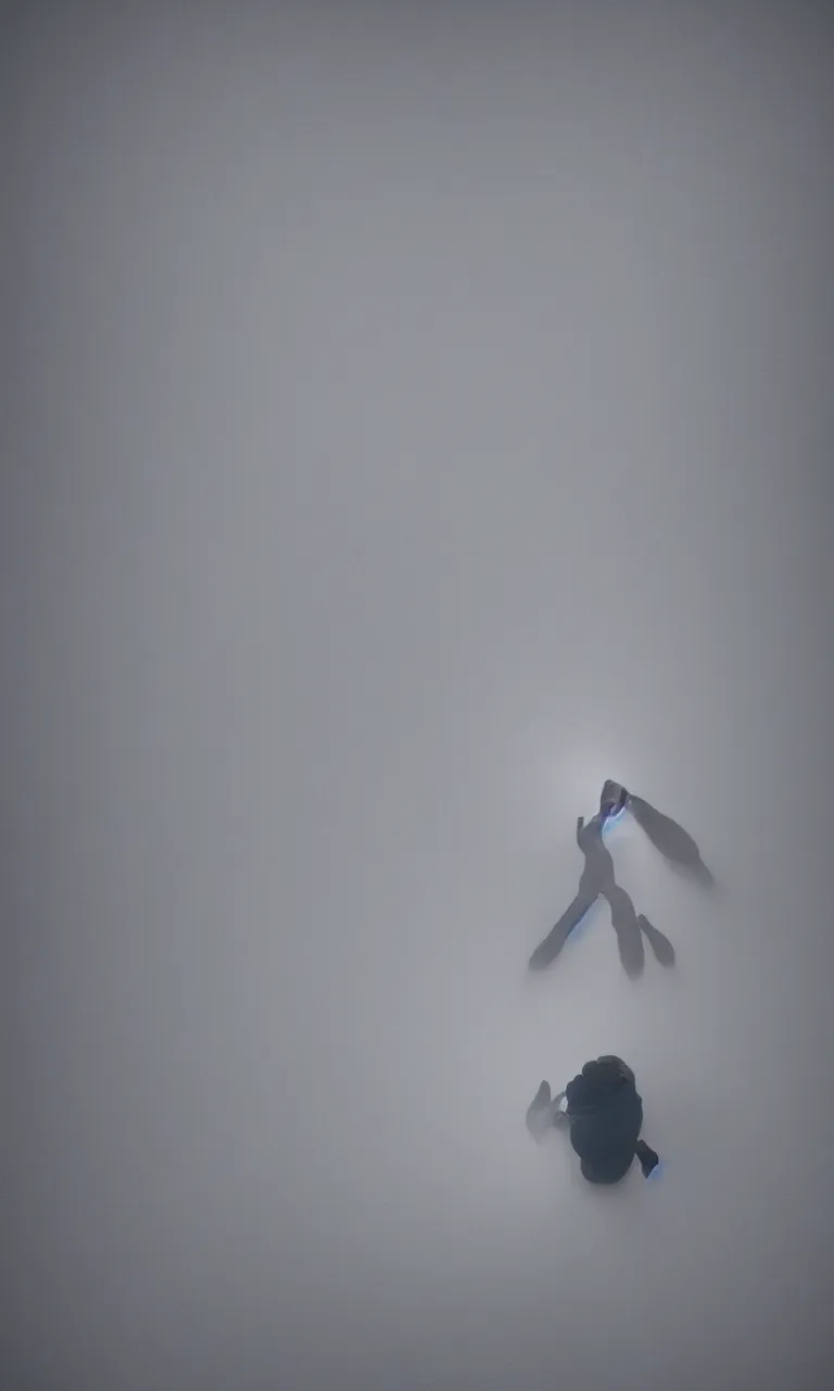 Image similar to POV top-down photo of my diverse arms digging inside an impossible aerogel portal containing a stack of aerogel pads/tablets with handles and knurling grip and node-based visual programming language, scale model floating in midair in front of me: brilliant daylight emerging from the thick fog, Leica 8K still from an A24 film