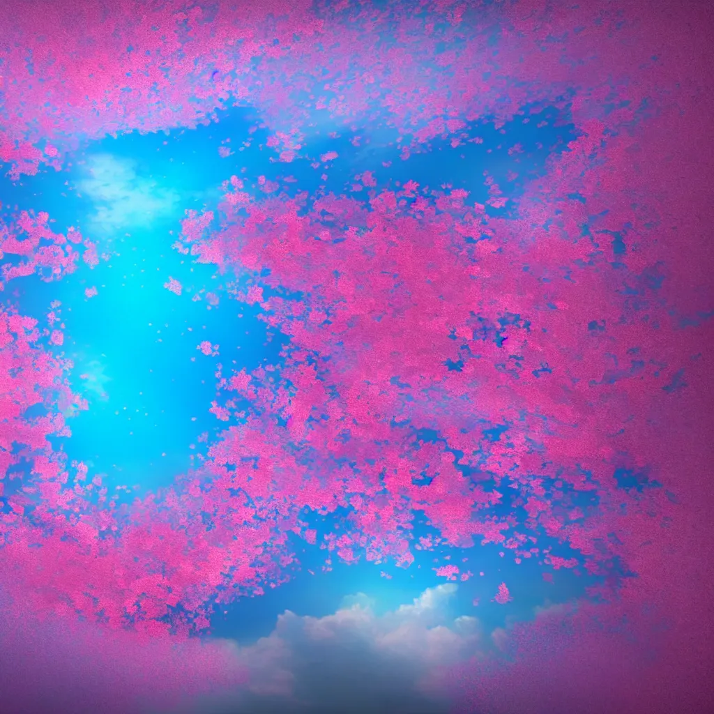 Image similar to blue and pink clouds under the sea, cherry blossom petals, matte bright highly detailed, epic, 3D render, digital art, artstation, 8K artistic photography, photo-realistic, by Hiroya Oku, Jenny Seville, Francis Bacon, WLOP