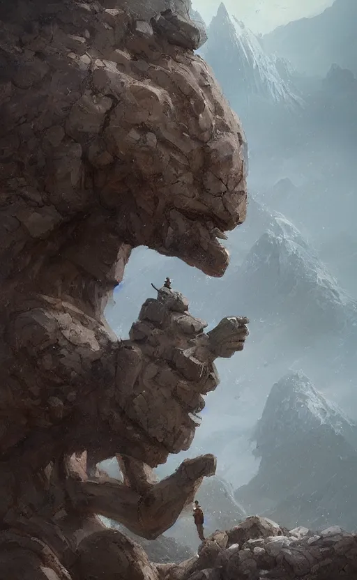 Image similar to a stone golem hitting a mountain with his fist, greg rutkowski, 8 k, shallow depth of field, intricate detail, concept art,