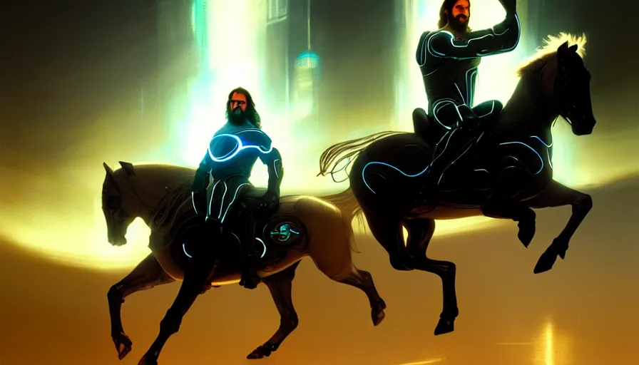 Image similar to tron legacy jesus riding cyborg horse, face, diffuse lighting, hyper realistic, concept art, intricate, hyper detailed, smooth, sharp focus, illustration, trending on artstation, art by greg rutkowski and james gurney and alphonse mucha