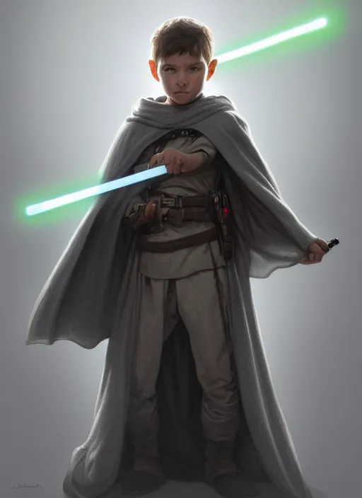 Image similar to perfectly - centered - portrait of a kid wearing grey cloak holding light saber, intricate, highly detailed, digital painting, artstation, concept art, smooth, sharp focus, illustration, unreal engine 5, 8 k, art by artgerm and greg rutkowski and alphonse mucha