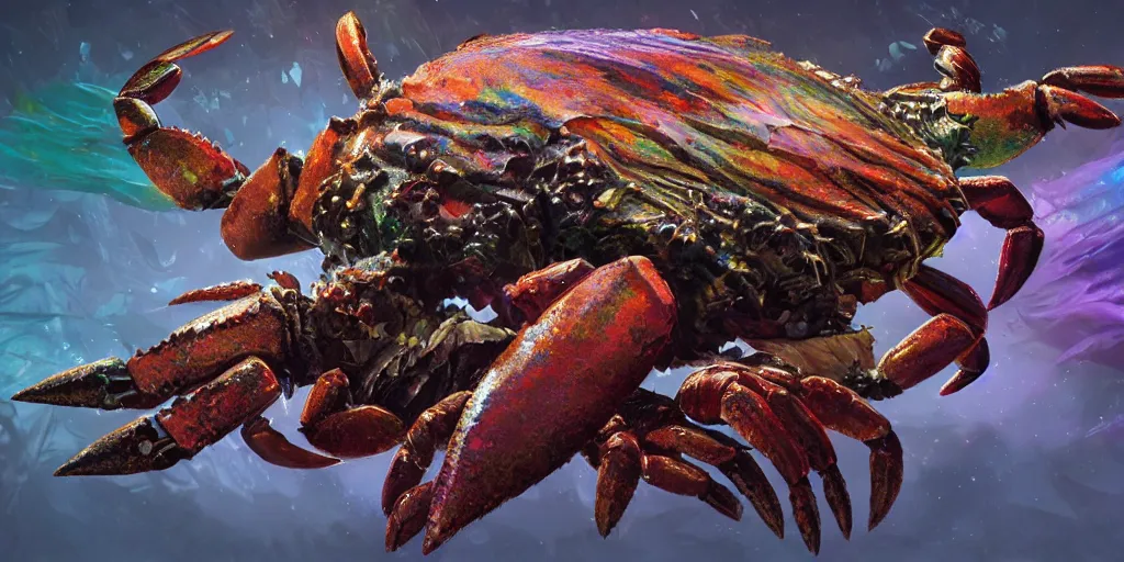 Image similar to Iridescent crab seamonster, character design sheet, Monster Hunter Illustrations art book, diamond sharp claws, huge arms, iridescent shards on its back, Moebius, Greg Rutkowski, Zabrocki, Karlkka, Jayison Devadas, Phuoc Quan, trending on Artstation, 8K, ultra wide angle, zenith view, pincushion lens effect.