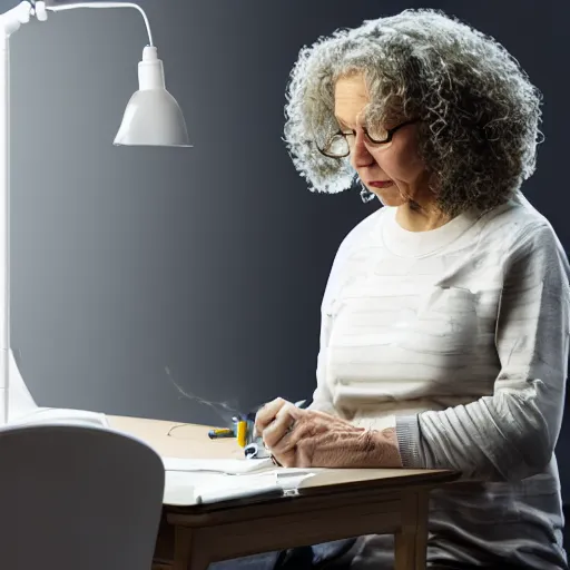 Prompt: older woman building electrical wiring on desk, soft lighting, matte painting, curly hair