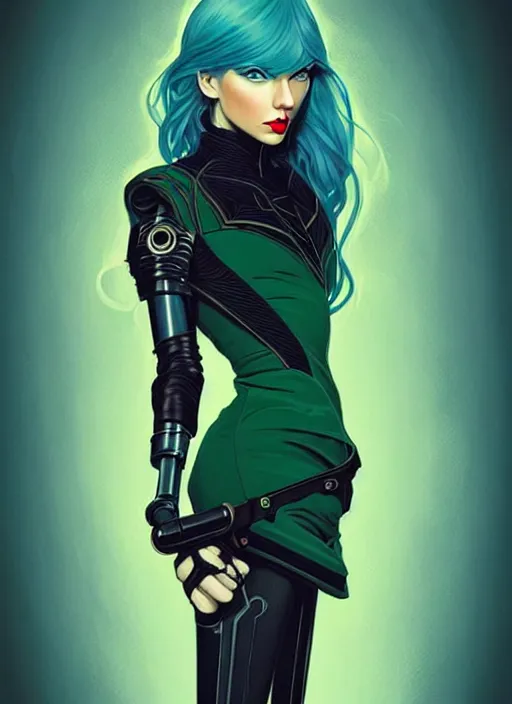 Prompt: style artgerm, joshua middleton, taylor swift with green dress, very long blue hair, symmetrical face, symmetrical eyes, steampunk western gunslinger with cyborg arm, cinematic lighting