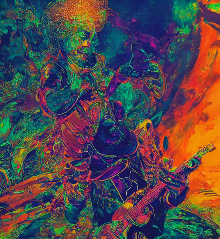 Prompt: colourful afrofuturist jimi hendrix playing guitar biomorphic opart, flowing scifi background, octane render 8 k, pascal blanche, josh kirby, roger dean, james jean, giger, arthur rackham, moebius, syd mead, killian eng beksinski, greg hildebrandt, scifi, 8 k