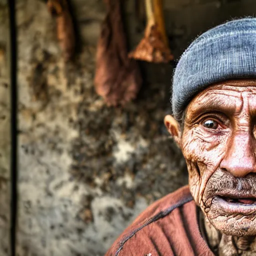 Image similar to Portrait of an aged mushroom seller with a haunted expression and a wrinked gaunt face. Deep shadows and highlights. f/2.8 ISO 1600. Shutter speed 1/60 sec. Lightroom.