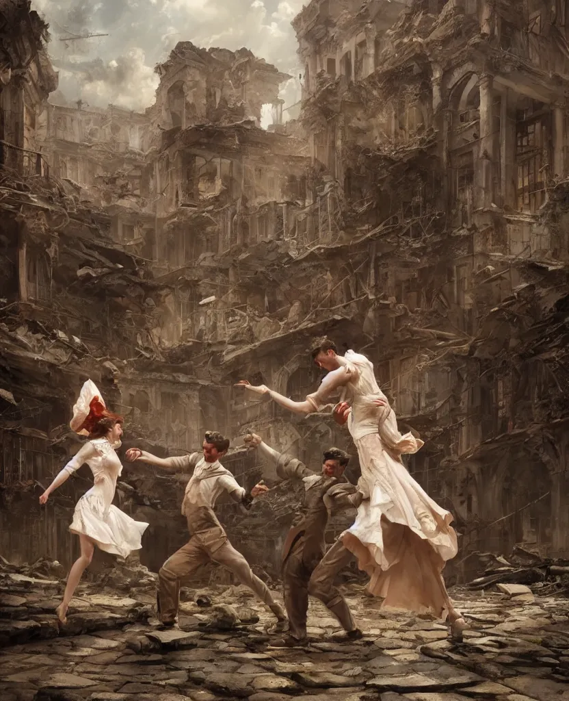 Image similar to concept art of one couple dancing in the middle of ruins of a victorian city by j. c. leyendecker, wlop, ruins, dramatic, octane render, epic painting, extremely detailed