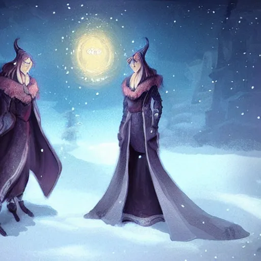 Image similar to a couple of people that are standing in the snow, concept art by Fabien Charuau, trending on pixiv, fantasy art, official art, wiccan, concept art
