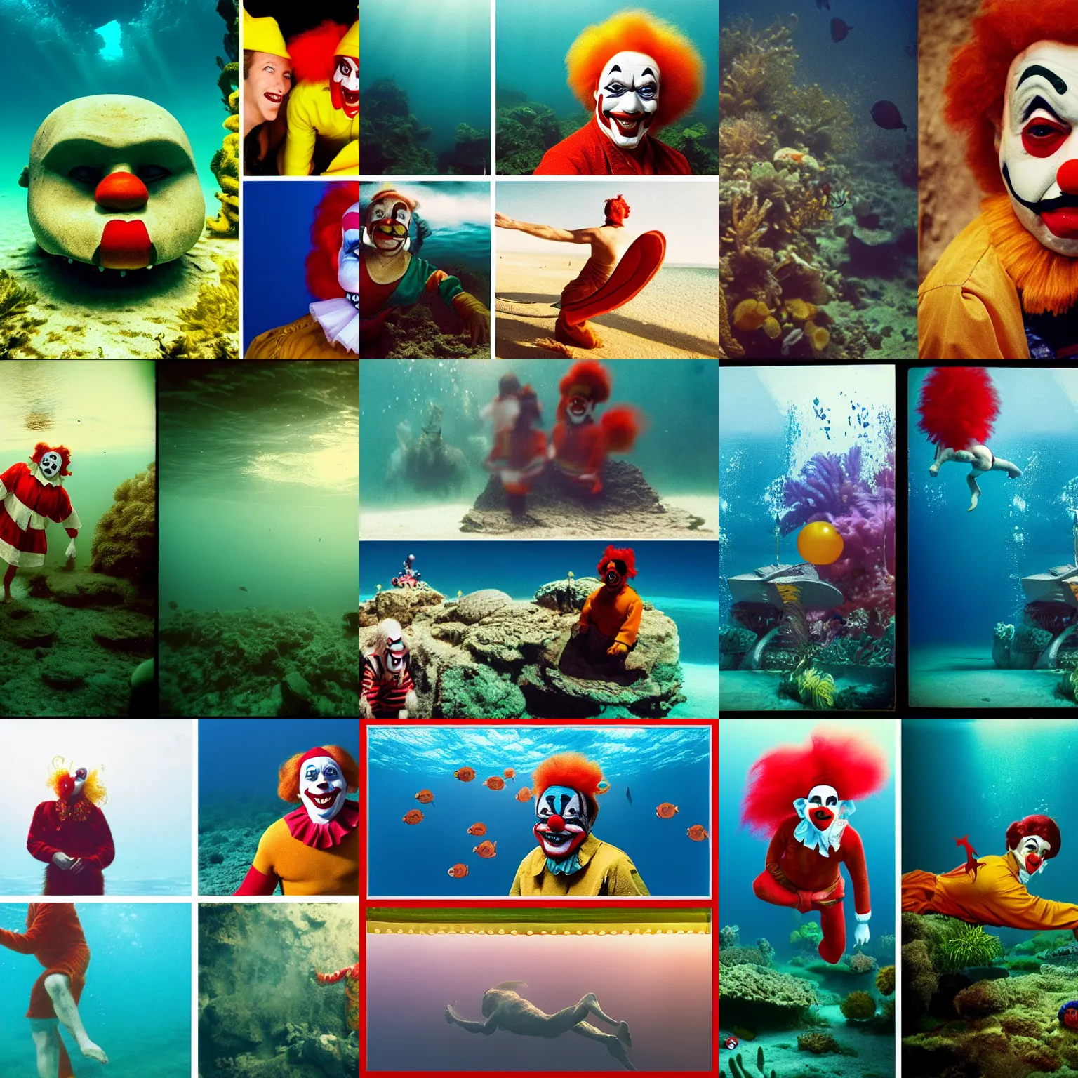 Prompt: Kodak portra 160, 4K, split screen: famous clown in low budget kon-tiki movie remake, underwater scene