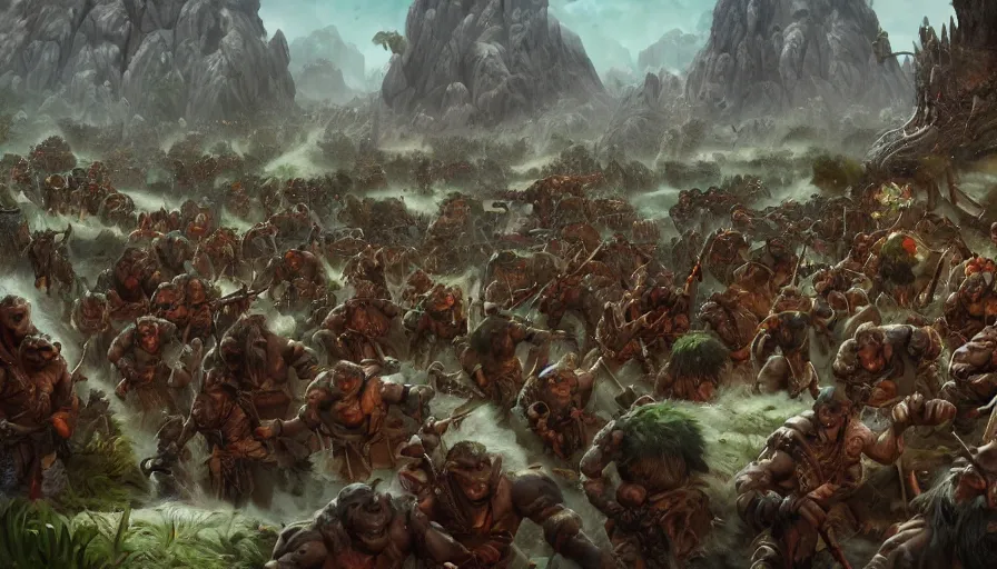Prompt: painting of an army of giant trolls attacking a village of warrior dwarves, hyperdetailed, artstation, cgsociety, 8 k