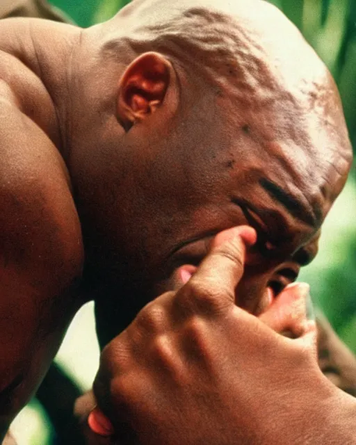 Prompt: film still close - up shot of dwayne johnson as john coffey from the movie the green mile. he is petting a mouse. photographic, photography