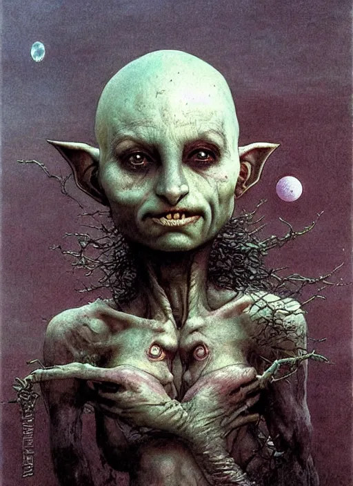 Image similar to cute beautiful bald goblin girl by Beksinski and Luis Royo