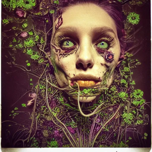 Image similar to a beautiful detailed front view portrait of a rotten woman corpse with plants and fractal flowers growing around, volumetric light, beautiful lit, polaroid photography