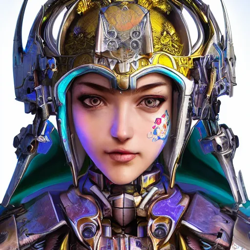 Image similar to studio portrait of lawful good colorful female holy mecha paladin absurdly beautiful, elegant, young sensual graceful woman, ultrafine hyperrealistic detailed face illustration by kim jung gi, irakli nadar, intricate linework, sharp focus, bright colors, matte, octopath traveler, final fantasy, unreal engine highly rendered, global illumination, radiant light, intricate environment