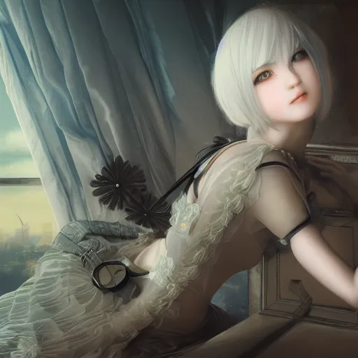 Image similar to 2B, android, nier automata, elaborate emotive Baroque and Rococo styles to emphasize beauty as a transcendental, 8k image, ultra-realistic, the style of WLOP