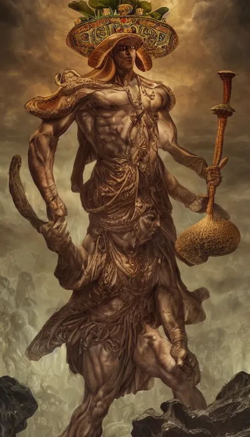 Prompt: a masterpiece hyperdetailed dnd tarot card, magnificent mushroom deity as depicted in a colossal greek marble statue ( with godlike bodybuilder physique ), hd tarot card depicting monumental statue of a mushroom god with cute large mushroom hat, hdr, 8 k, artstationhq, digital art by greg rutkowski and wayne barlowe