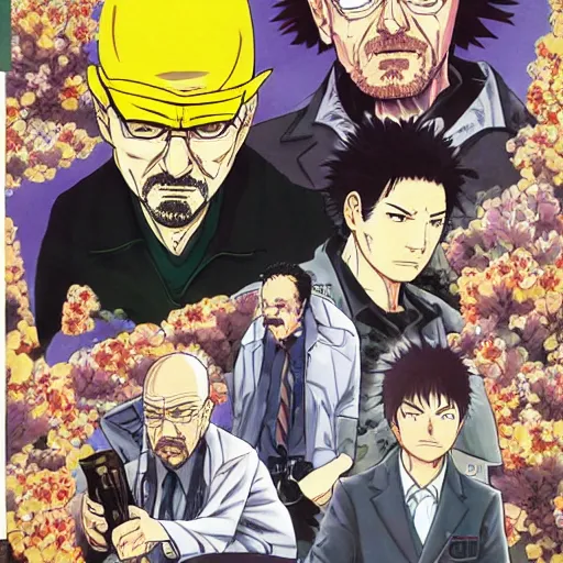 Prompt: Breaking Bad, manga cover illustration by Hirohiko Araki, Takeuchi Takashi, Pochi Iida, Masashi Kishimoto, Junichi Oda, Jojo, Shonen Jump, detailed HD, trending on mangakalot