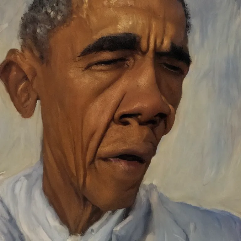 Image similar to warmly lit close up studio portrait of very old angry! Barack Obama age 115 angrily singing, impasto oil painting thick brushstrokes by Cy Twombly and Willem De Kooning , trending on artstation dramatic lighting Expressionism