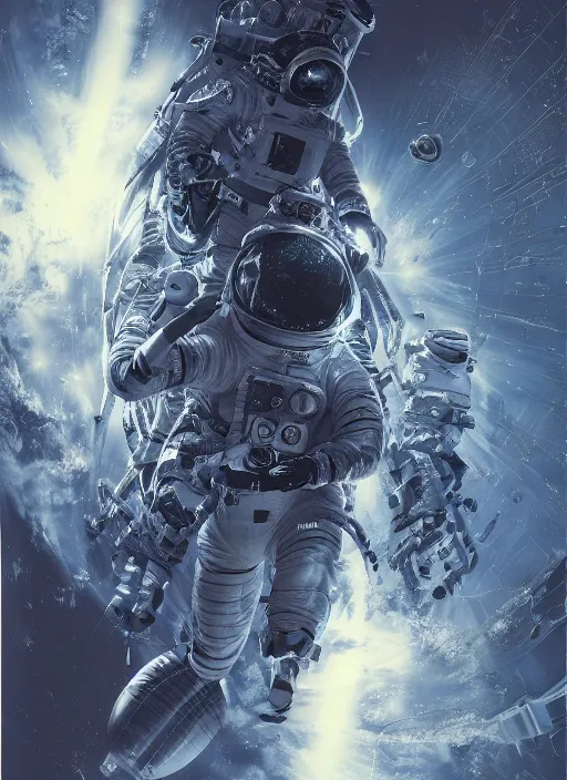 Image similar to astronaut in dark void underwater - complex and hyperdetailed technical suit design. reflection and dispersion materials. rays and dispersion of light. volumetric light. f / 3 2. noise film photo. flash photography. ultra realistic, 5 0 mm. poster by wayne barlowe, hajime sorayama aaron horkey, craig mullins