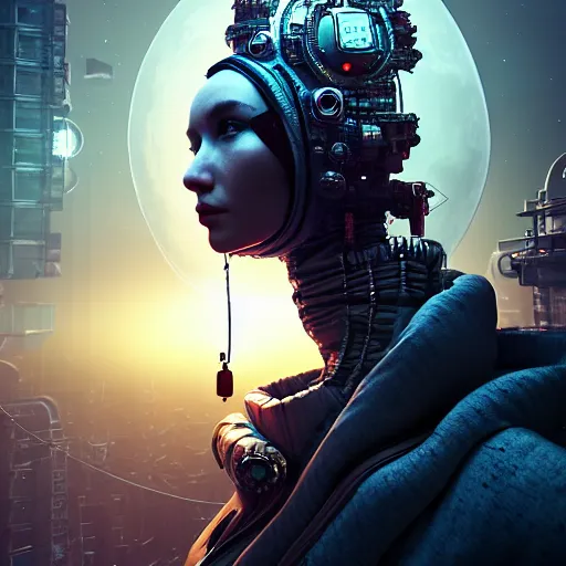 Image similar to Сyberpunk style portrait in a crowded city on Moon, Neo Norilsk, sci-fi, fantasy, intricate, very very beautiful, elegant, highly detailed, smooth, Unreal Engine 5, sharp focus, by Marat Zakirov, by Beeple, trending on Behance