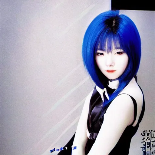 Prompt: beautiful korean woman with blue hair wearing a suit, yoji shinkawa