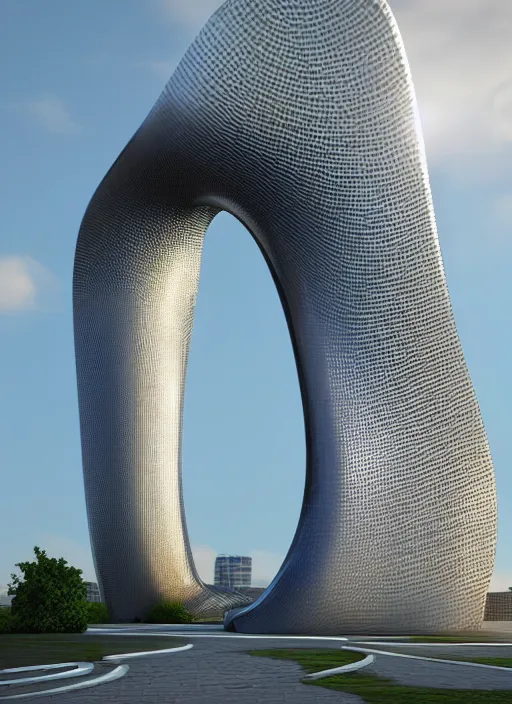 Prompt: highly detailed realistic architecture 3 d render of a huge high futuristic iridescent metallic stele sculpture in zaha hadid style standing in city park, archdaily, made in unreal engine 4 octane render