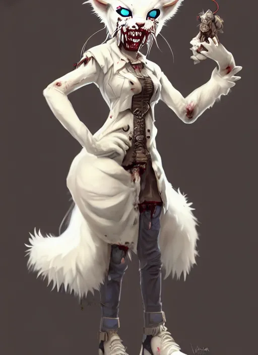 Image similar to wide angle beautiful full body portrait of a strong female damaged zombie anthropomorphic anthro white lynx fursona wearing a steampunk dress toothsome open mouth. character design by disney, anime, manga, charlie bowater, ross tran, artgerm, and makoto shinkai, detailed, soft lighting, rendered in octane