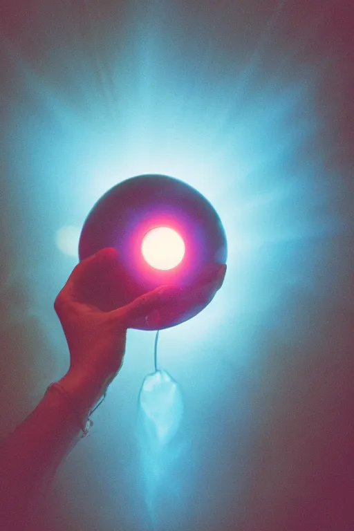 Prompt: agfa vista 4 0 0 photograph of a guy holding a glowing ball of magic, back view, synth vibe, vaporwave colors, lens flare, moody lighting, moody vibe, telephoto, 9 0 s vibe, blurry background, grain, tranquil, calm, faded!,