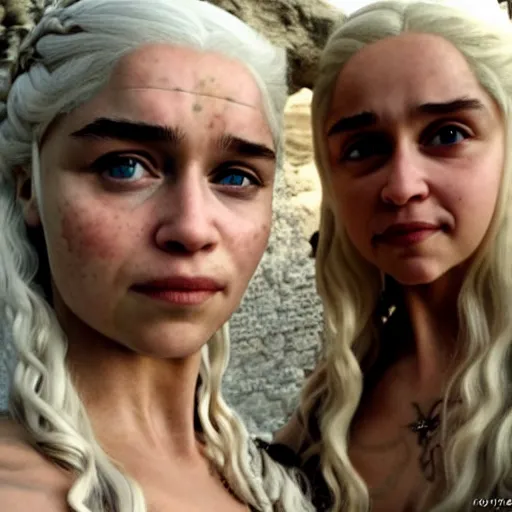Image similar to a selfie of daenerys targaryen and daenerys targaryen, medium shot, detailed eyes,