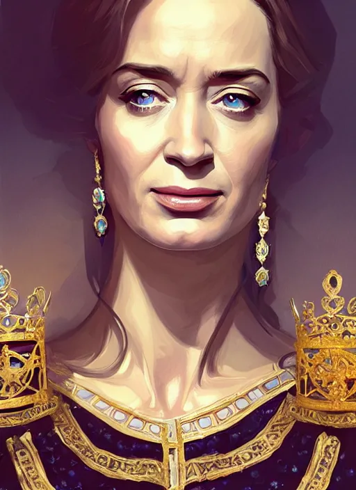 Image similar to portrait of emily blunt as queen, jewelry, greek, silk, sapphire, victorian age, 1 8 9 0, intricate, headshot, key visual, conceptart, ambient lighting, highly detailed, digital painting, artstation, concept art, sharp focus, by makoto shinkai and akihiko yoshida and greg manchess