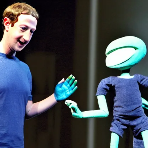 Image similar to Mark Zuckerberg alien puppeteering marionette mark zuckerberg. photograph.