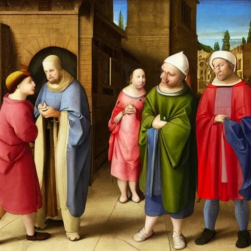 Prompt: people wearing cap hoodies, streetware, in the streets in renaissance painting style