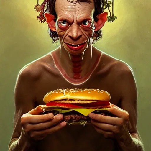 Prompt: portrait of gollum eating hamburgers, extra bacon lettuce and tomato, flooding ketchup and mustard, ethereal, handsome, d & d, fantasy, intricate, elegant, highly detailed, digital painting, artstation, concept art, matte, sharp focus, illustration, art by artgerm and greg rutkowski and alphonse mucha