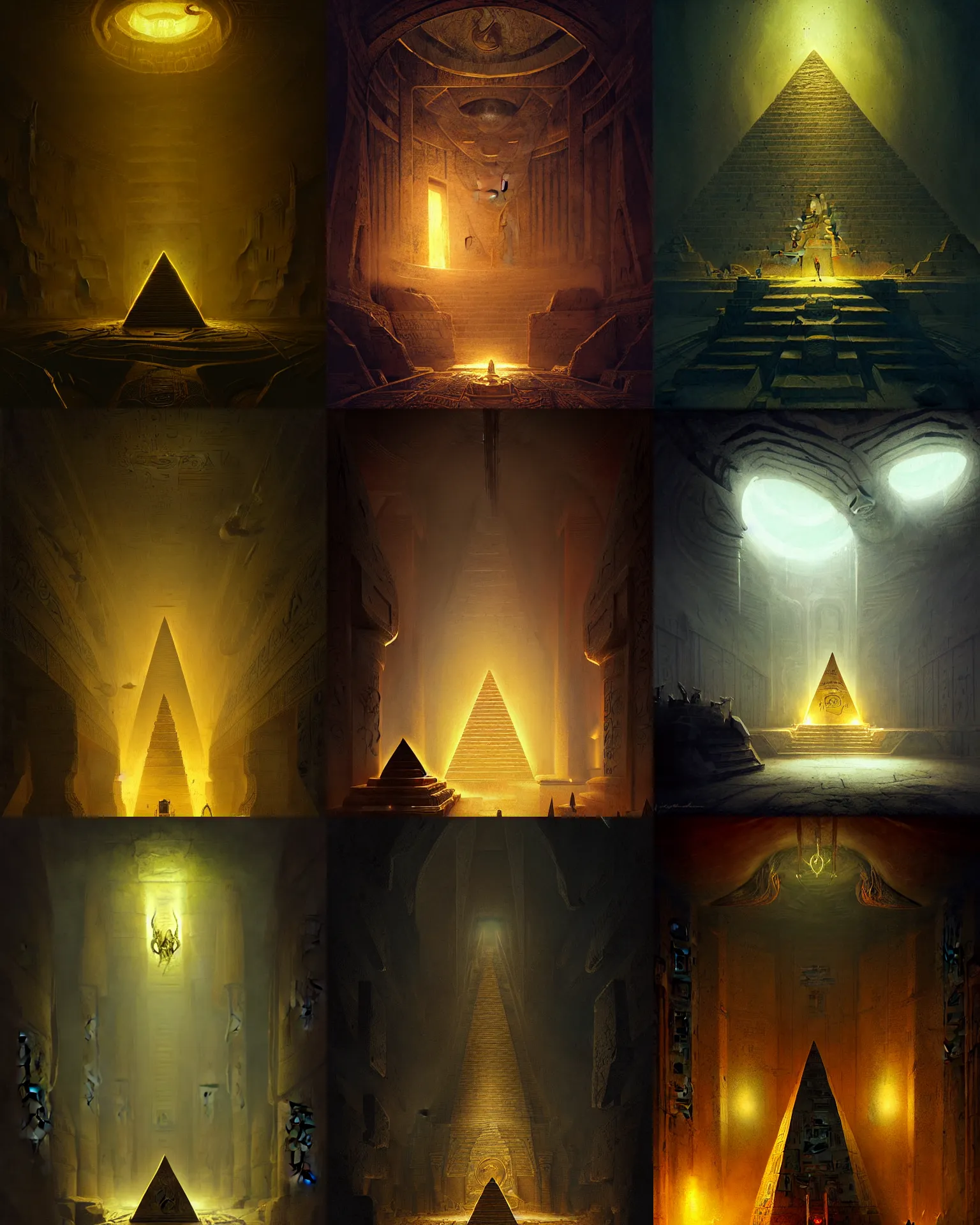 Prompt: pyramid interior, golden scarabee, egyptian glyphs, darkness, fantasy art, evil fluid, black tentacles, creepy, by greg rutkowski