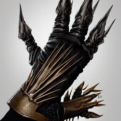 Image similar to gloves with metal claws, old leather gloves with attached talons, pointy fingertips, dark background, highly detailed, 8 k, trending on artstation, mystic, rpg artwork, by peter jackson, by sauron